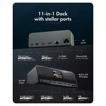11-in-1 dockingstation met Power Delivery-laadpoorten en groot lcd-display, met 160 W GaN-laadadapter