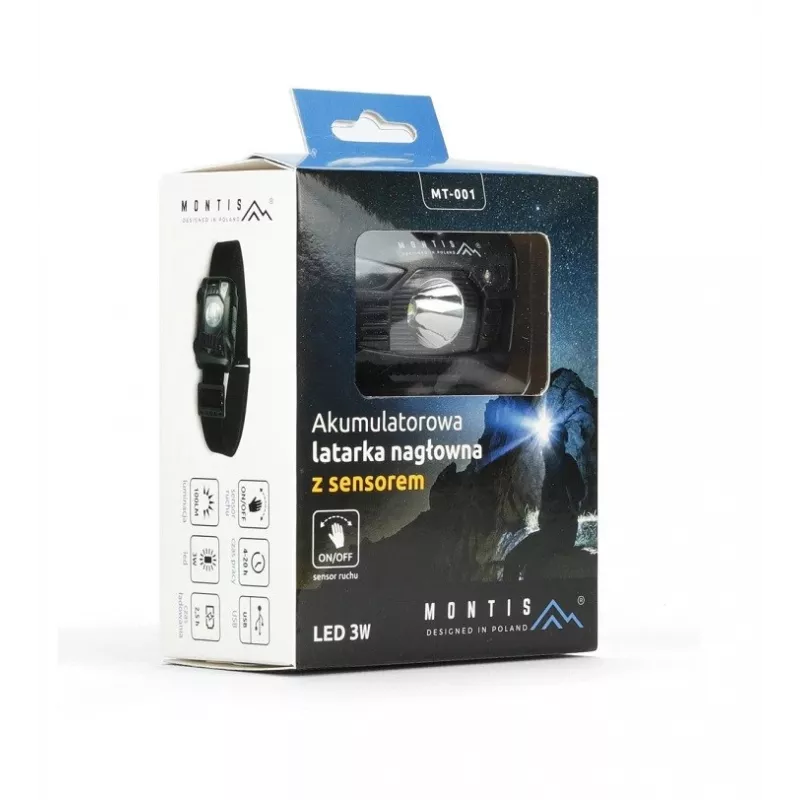 Montis accu hoofdlamp met sensor MT001 zwarte hoofdband zaklamp LED