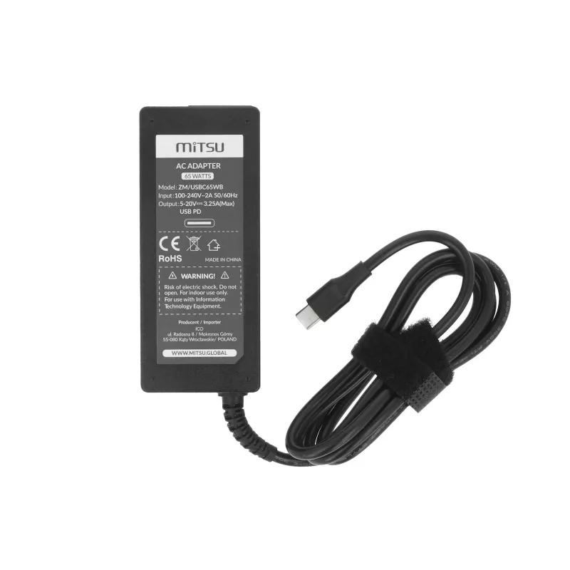 Laptopvoeding 65W USB-C 5V-9V-12V-15V-20V/3A, 20V/3,25A PD
