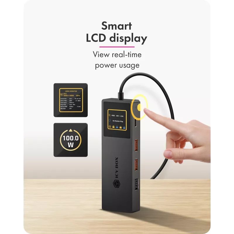 ICY BOX Spade Dock 4038, 7-in-1 dockingstation met LCD-display en PD 100 W