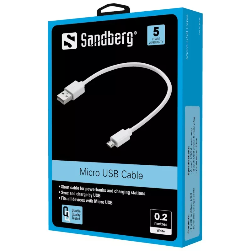 Sandberg MicroUSB sync-/oplaadkabel 0,2 m, 0,2 m, USB A, Micro-USB B, USB 2.0, wit