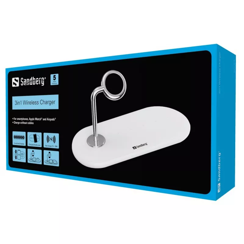 Sandberg 3in1 draadloze oplader, indoor, USB, draadloos laden, 0,8 m, zilver, wit