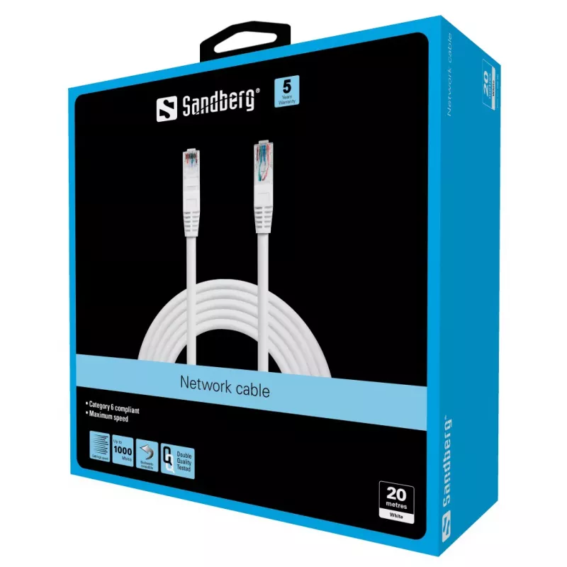 Sandberg netwerkkabel UTP Cat6 20 m, 20 m, Cat6, U/UTP (UTP), RJ-45, RJ-45, wit