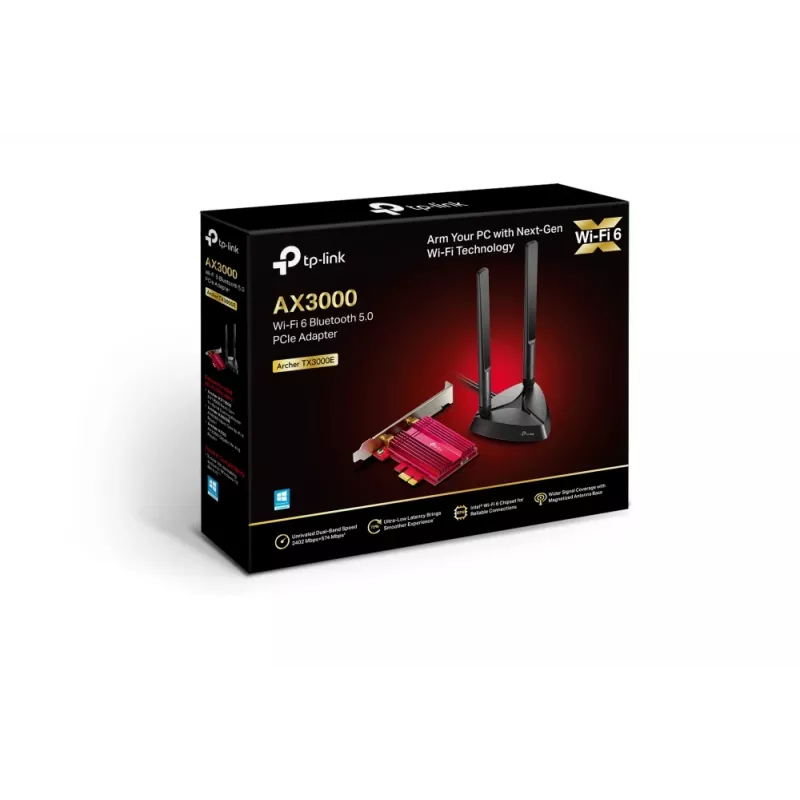 TP-Link AX3000 Wi-Fi 6 Bluetooth 5.0 PCIe-adapter, intern, draadloos, PCI Express, WLAN / Bluetooth, 2402 Mbit/s, zwart, rood