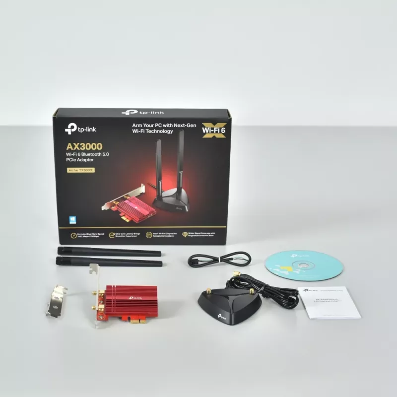 TP-Link AX3000 Wi-Fi 6 Bluetooth 5.0 PCIe-adapter, intern, draadloos, PCI Express, WLAN / Bluetooth, 2402 Mbit/s, zwart, rood