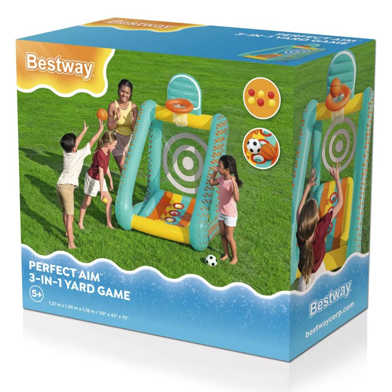 Bestway Perfect Aim 3-in-1 opblaasbaar yardspeelgoed, opblaasbaar speelcentrum, 5 jaar, polyvinylchloride (PVC), veelkleurig