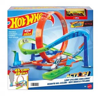 Hot Wheels Action Loop Cyclone Challenge banenset met speelgoedauto op schaal 1:64, eenvoudige opberging