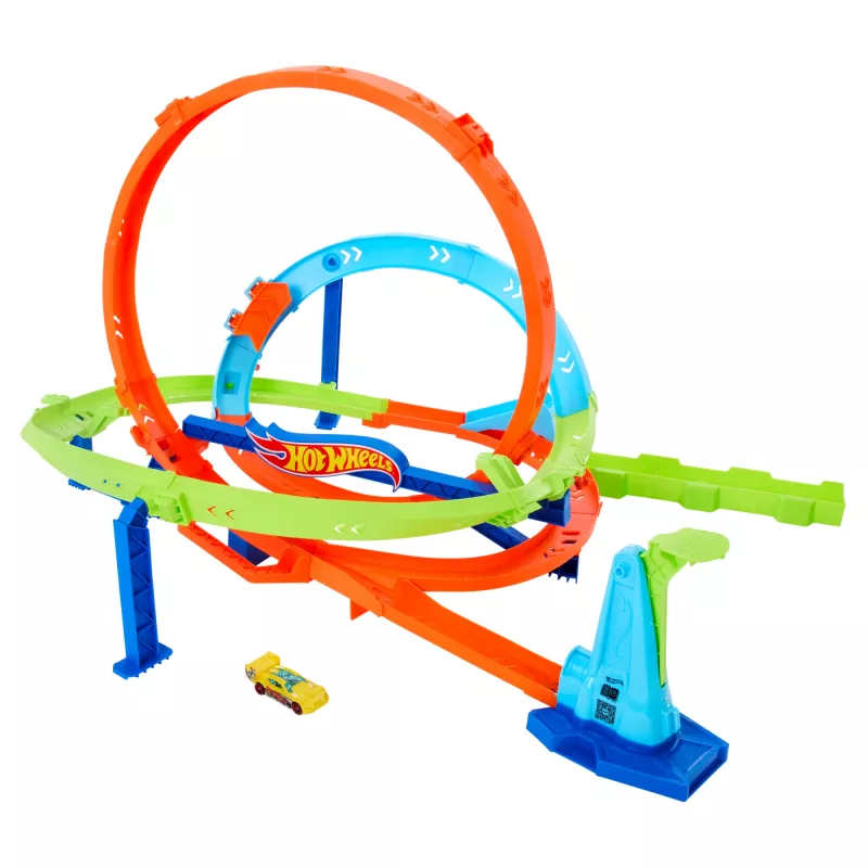 Hot Wheels Action Loop Cyclone Challenge banenset met speelgoedauto op schaal 1:64, eenvoudige opberging