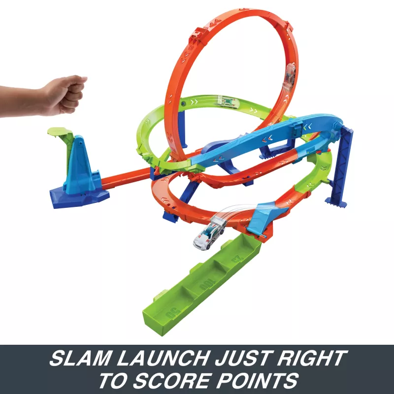 Hot Wheels Action Loop Cyclone Challenge banenset met speelgoedauto op schaal 1:64, eenvoudige opberging
