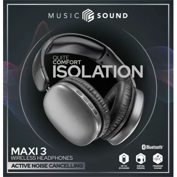 Music Sound MAXI3 MAXI3 draadloze over-ear-hoofdtelefoon met actieve ruisonderdrukking: meeslepende en afleidingsvrije luisterervaring, tot 35 uur accuduur. Modern design, comfort, stijl en krachtig, revolutionair geluid.