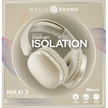 Music Sound MAXI3 MAXI3 draadloze over-ear-hoofdtelefoon met actieve ruisonderdrukking: meeslepende en afleidingsvrije luisterervaring, tot 35 uur accuduur. Modern design, comfort, stijl en krachtig, revolutionair geluid.