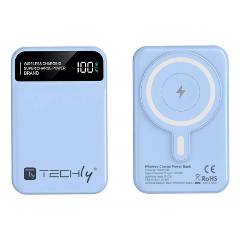 Techly I-CHARGE-10LCDBL Powerbank Lithium-polymeer (LiPo) 10000 mAh Draadloos laden Blauw