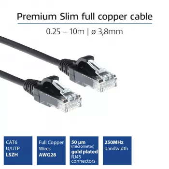 ACT Zwart 0,5 meter LSZH U/UTP CAT6 datacenter slimline patchkabel snagless met RJ45-stekkers