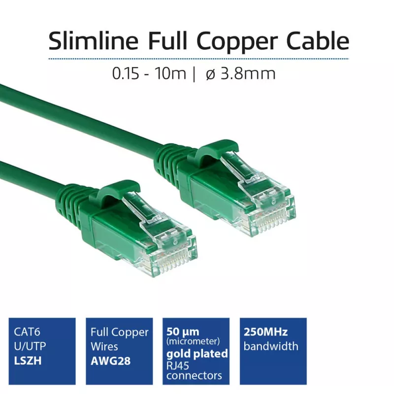ACT Groen 10 meter LSZH U/UTP CAT6 datacenter slimline patchkabel, rastnasenvrij met RJ45-stekkers