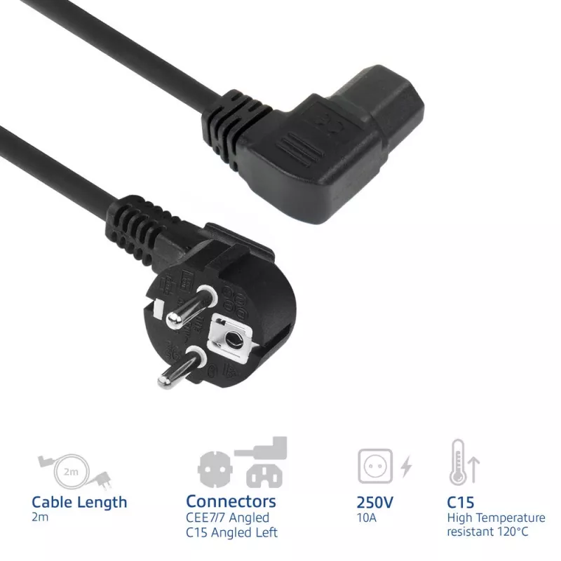 ACT stroomkabel netstekker CEE7/7 stekker (haaks) - C15 (haaks links) IEC60320 zwart 2 m