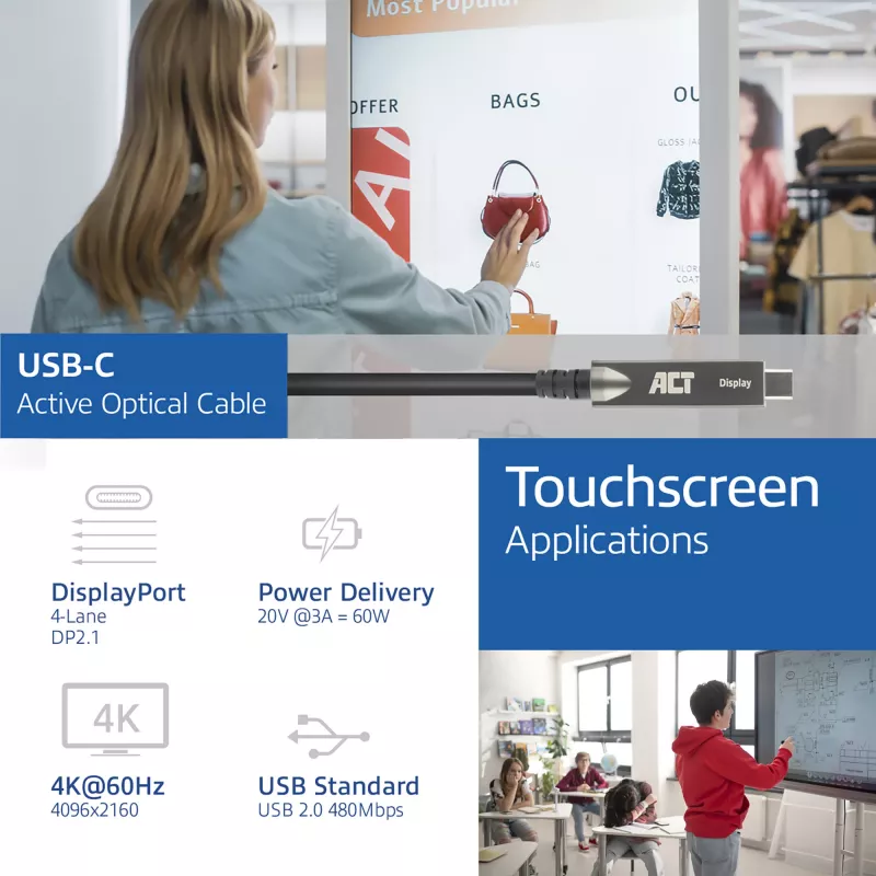 ACT USB-C 3.2 Gen2 actieve optische kabel (AOC), voor touchpanels, video, data, stroom, 7,5 m