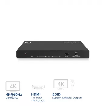 ACT 4K HDMI-splitter, 1 naar 4, EDID-ondersteuning, HDMI, 4x HDMI, 3840 x 2160 pixel, zwart, 4K Ultra HD, 10,2 Gbit/s