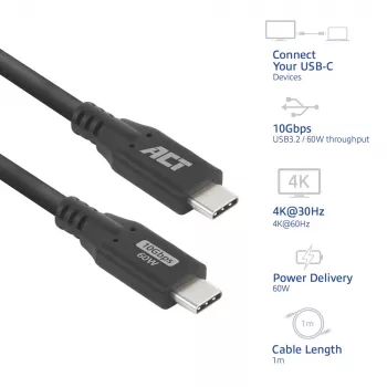 ACT USB 3.0 10Gbps 60W USB Type-C-kabel, 1 meter, 1 m, USB C, USB C, USB 3.2 Gen 2 (3.1 Gen 2), 10 Gbit/s, zwart