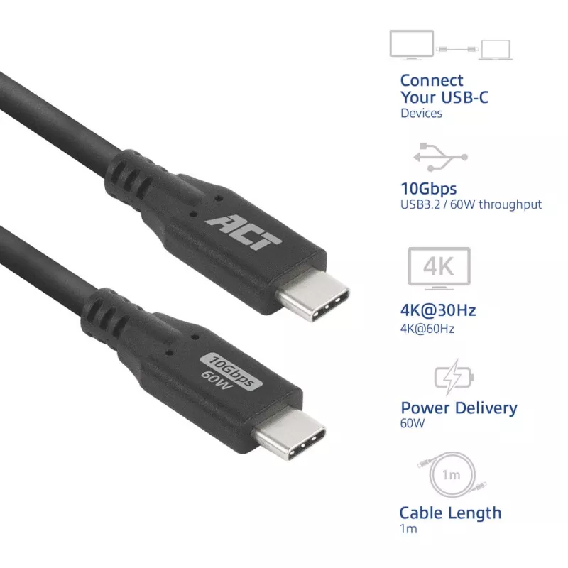 ACT USB 3.0 10Gbps 60W USB Type-C-kabel, 1 meter, 1 m, USB C, USB C, USB 3.2 Gen 2 (3.1 Gen 2), 10 Gbit/s, zwart