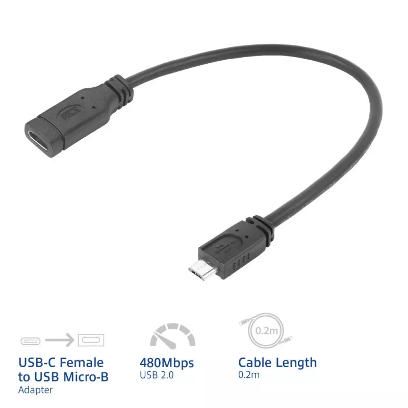 ACT USB Type-C-bus naar USB Micro-B 2.0-stekker-adapterkabel 0,2 m