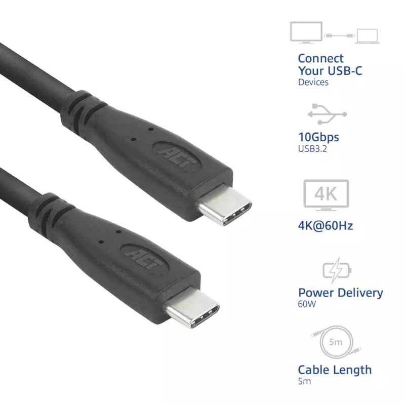 ACT AC7445 USB-kabel USB 3.2 Gen 2 (3.1 Gen 2) 5 m USB C 10 Gbit/s 60 W zwart