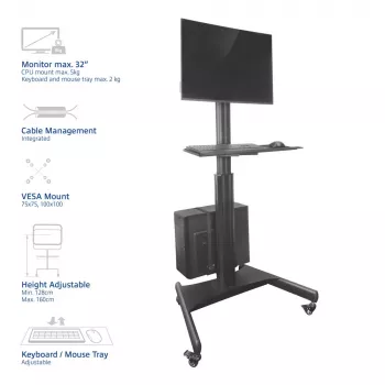 ACT mobiel workstation voor één monitor, met CPU-houder, toetsenbord- en muisplateau
