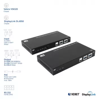 ACT AV media-extender-set met dubbele USB-C-switch, CAT6A, 100 meter