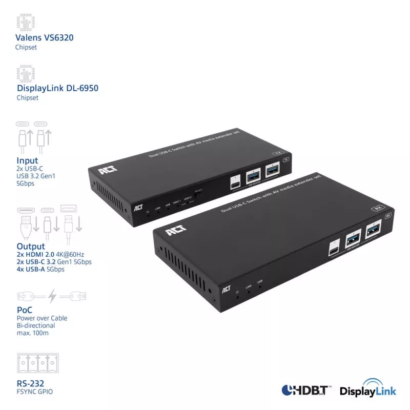 ACT AV media-extender-set met dubbele USB-C-switch, CAT6A, 100 meter