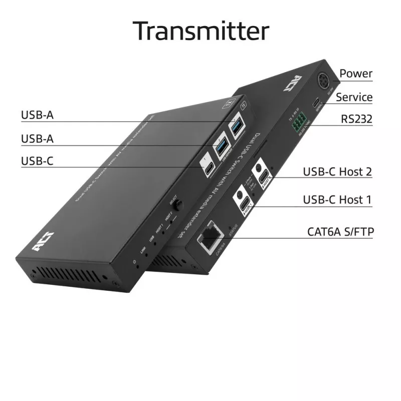 ACT AV media-extender-set met dubbele USB-C-switch, CAT6A, 100 meter