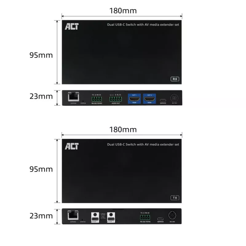 ACT AV media-extender-set met dubbele USB-C-switch, CAT6A, 100 meter