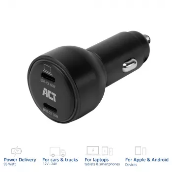ACT 2-poorts USB-C snellaad-autolader 95W met Power Delivery PPS, Quick Charge en GaNFast