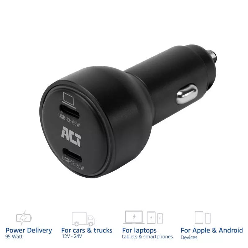 ACT 2-poorts USB-C snellaad-autolader 95W met Power Delivery PPS, Quick Charge en GaNFast