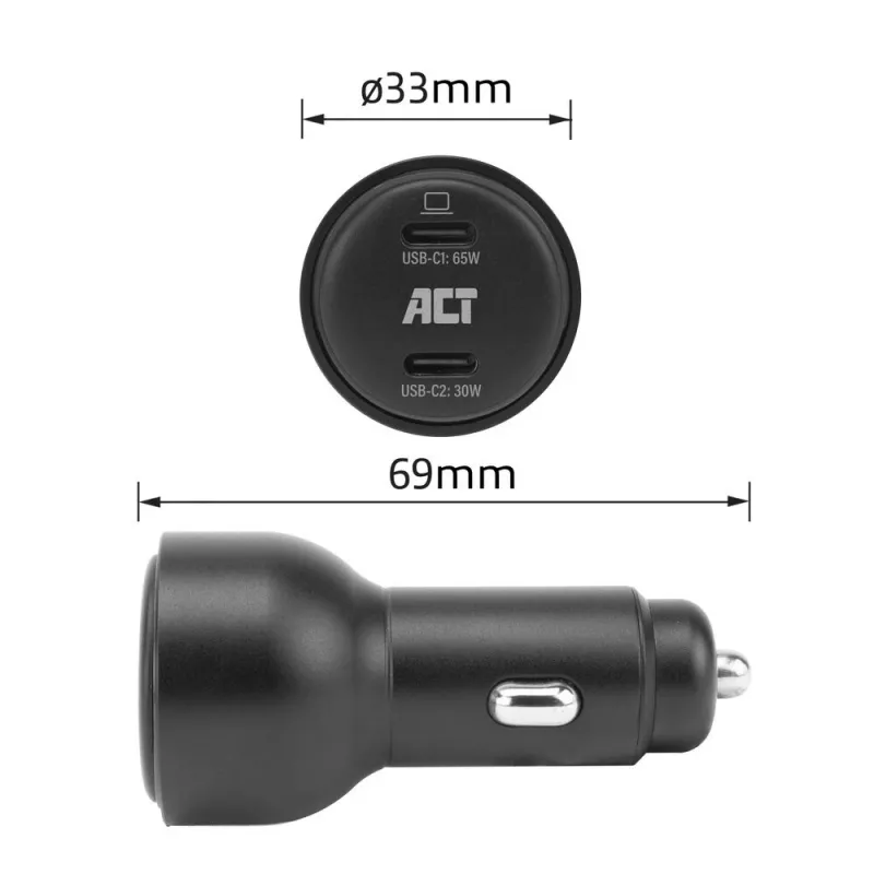 ACT 2-poorts USB-C snellaad-autolader 95W met Power Delivery PPS, Quick Charge en GaNFast