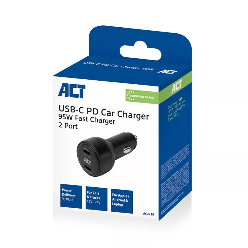 ACT 2-poorts USB-C snellaad-autolader 95W met Power Delivery PPS, Quick Charge en GaNFast