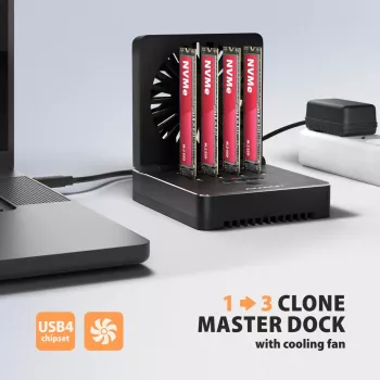 AXAGON ADSA-M2C44 USB4 40Gbps 4-bay M.2 NVMe SSD-dockingstation met offline kloonfunctie, aluminium, actieve koeling