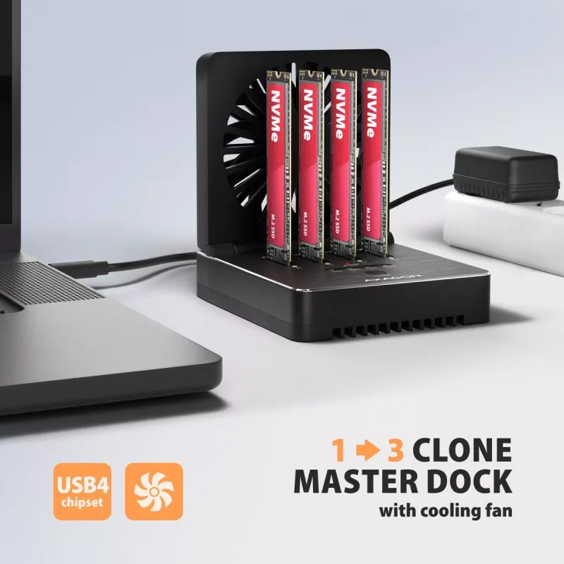 AXAGON ADSA-M2C44 USB4 40Gbps 4-bay M.2 NVMe SSD-dockingstation met offline kloonfunctie, aluminium, actieve koeling
