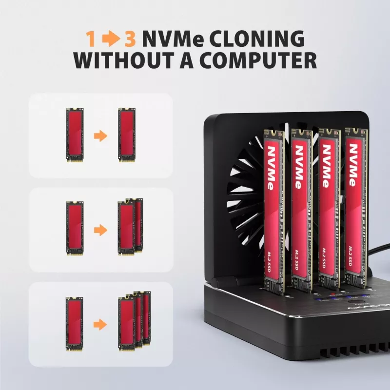 AXAGON ADSA-M2C44 USB4 40Gbps 4-bay M.2 NVMe SSD-dockingstation met offline kloonfunctie, aluminium, actieve koeling
