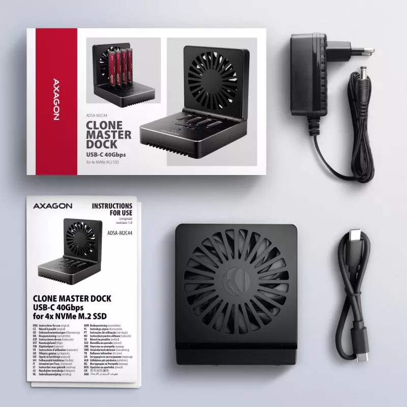 AXAGON ADSA-M2C44 USB4 40Gbps 4-bay M.2 NVMe SSD-dockingstation met offline kloonfunctie, aluminium, actieve koeling