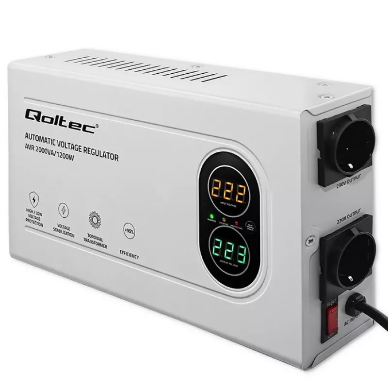 Qoltec automatische spanningsstabilisator AVR 2000VA 1200W compacte ringkerntransformator