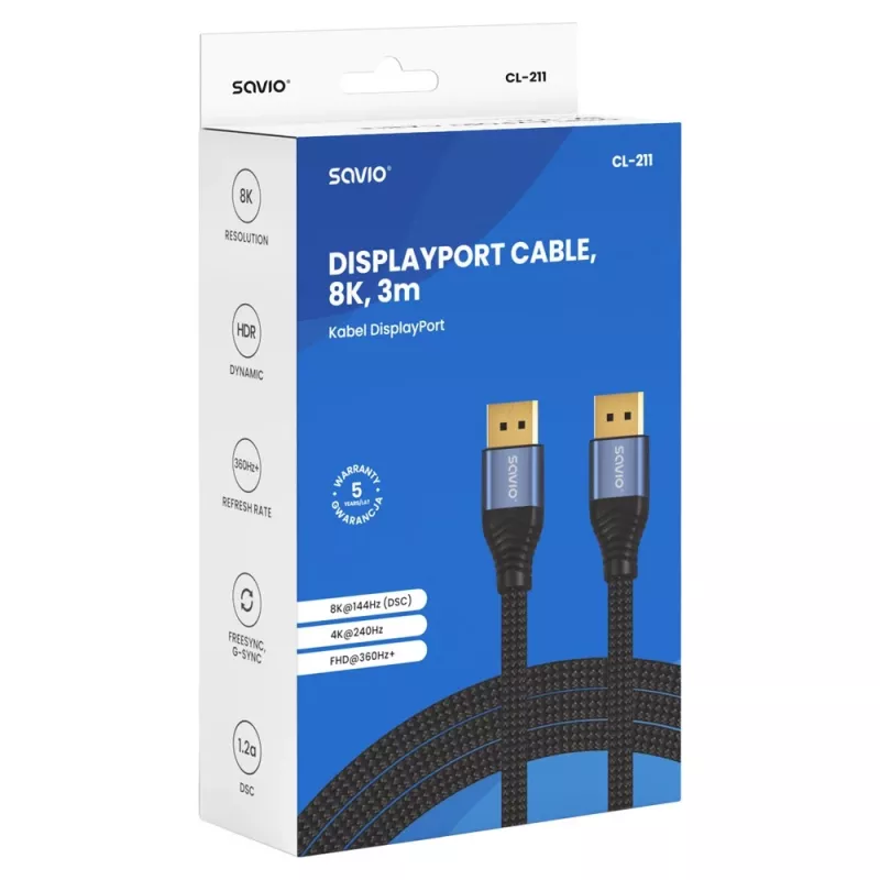 SAVIO CL-211 DisplayPort 2.1-kabel 3m Zwart