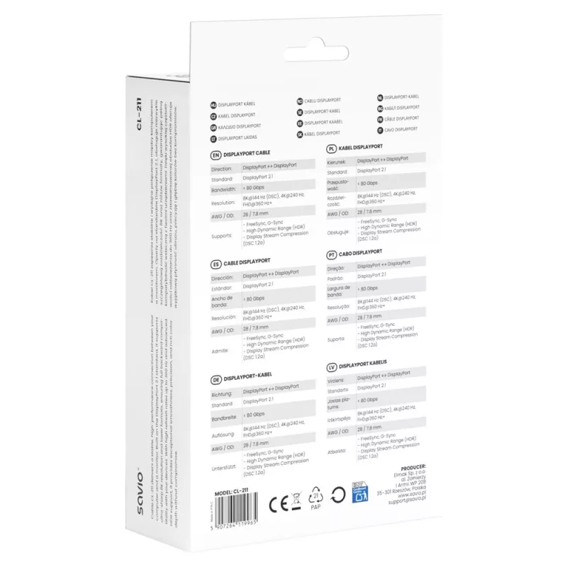 SAVIO CL-211 DisplayPort 2.1-kabel 3m Zwart