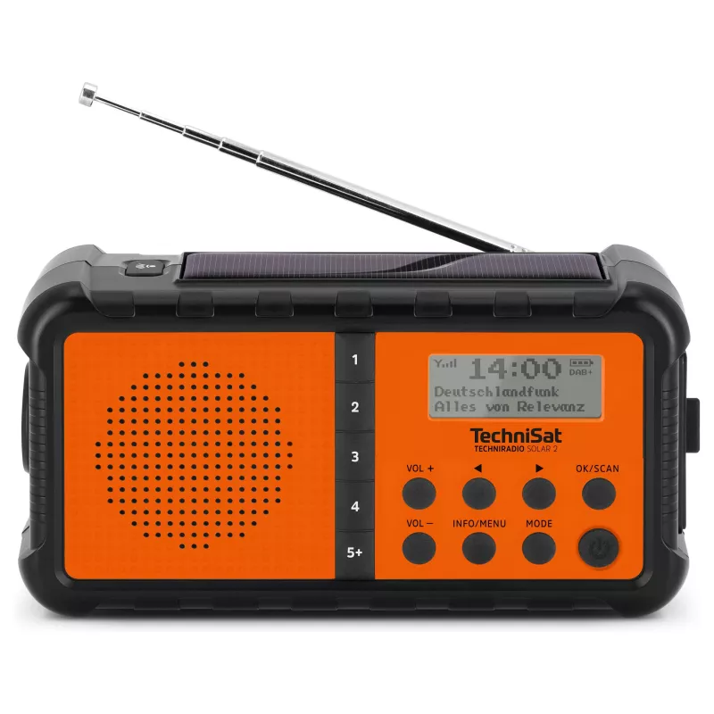 TechniSat TechniRadio Solar 2 DAB+/FM draagbare radio met zonnepaneel en slinger, zwart/oranje