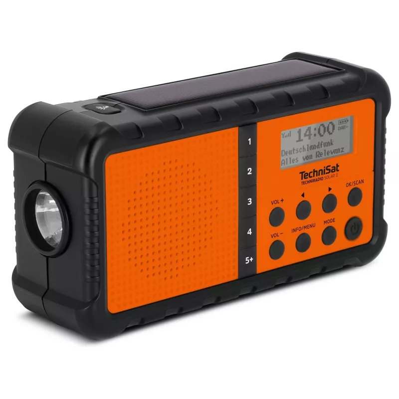 TechniSat TechniRadio Solar 2 DAB+/FM draagbare radio met zonnepaneel en slinger, zwart/oranje