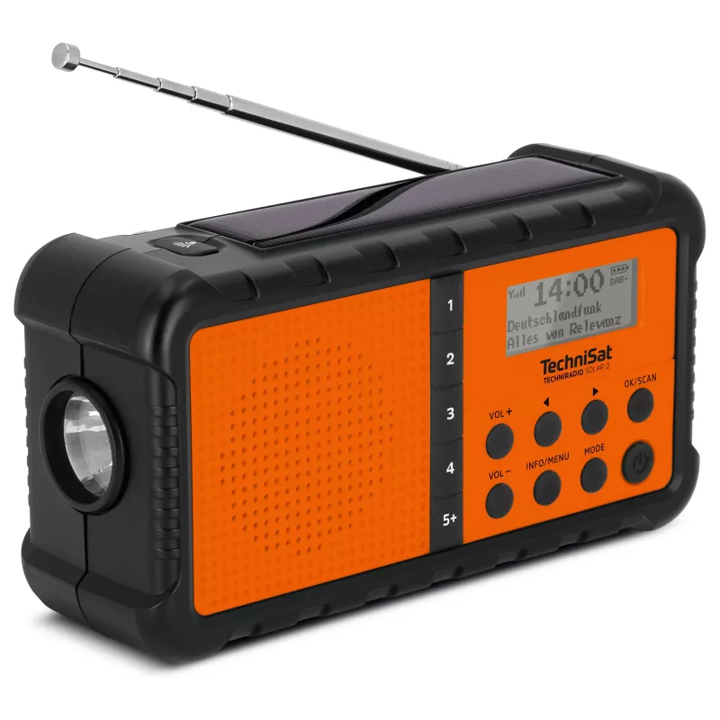 TechniSat TechniRadio Solar 2 DAB+/FM draagbare radio met zonnepaneel en slinger, zwart/oranje