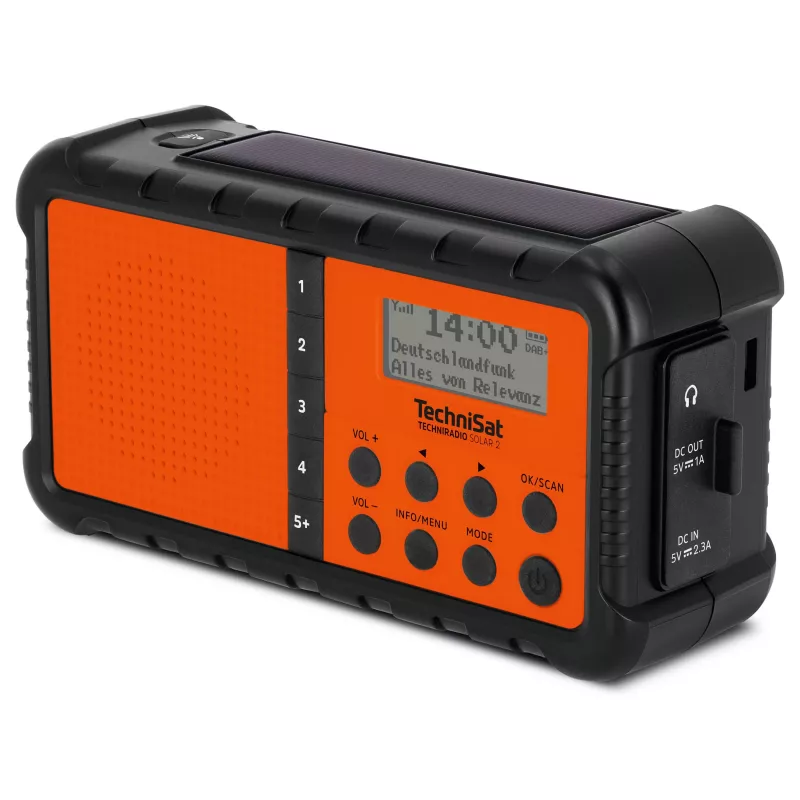 TechniSat TechniRadio Solar 2 DAB+/FM draagbare radio met zonnepaneel en slinger, zwart/oranje
