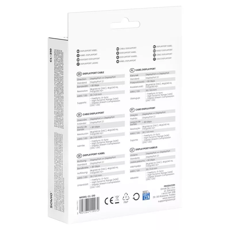 SAVIO CL-210 DisplayPort 2.1-kabel 2m zwart