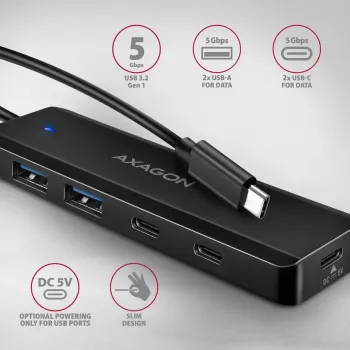 AXAGON HUE-C2C USB-C 5 Gbps reishub, 2x USB-A + 2x USB-C, USB-C Power IN, 19 cm kabel