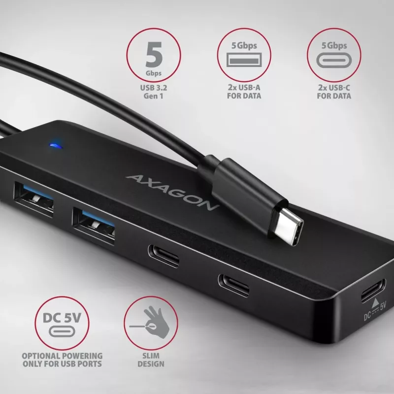 AXAGON HUE-C2C USB-C 5 Gbps reishub, 2x USB-A + 2x USB-C, USB-C Power IN, 19 cm kabel