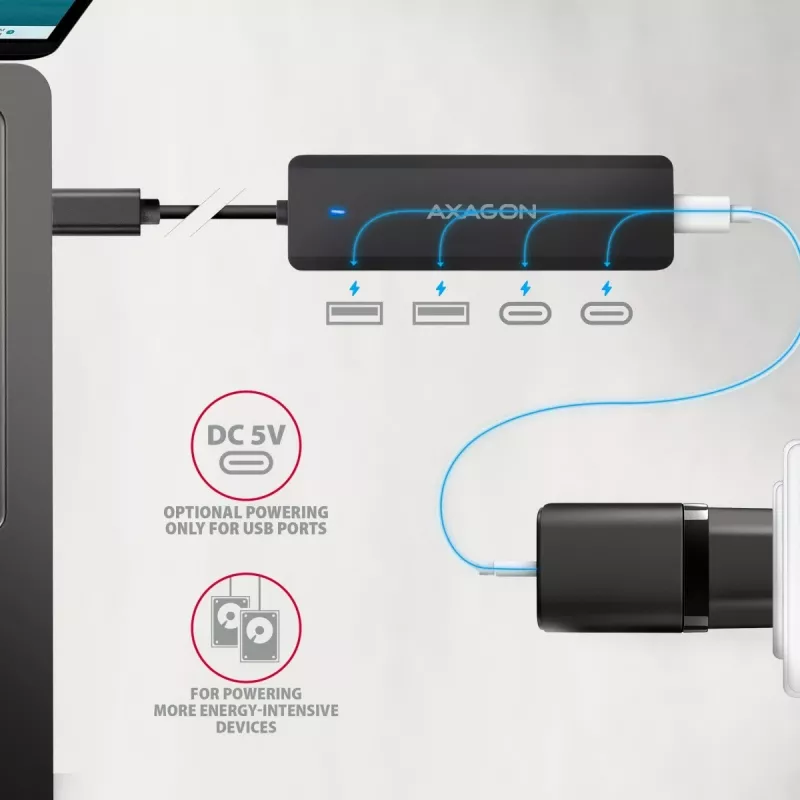 AXAGON HUE-C2C USB-C 5 Gbps reishub, 2x USB-A + 2x USB-C, USB-C Power IN, 19 cm kabel