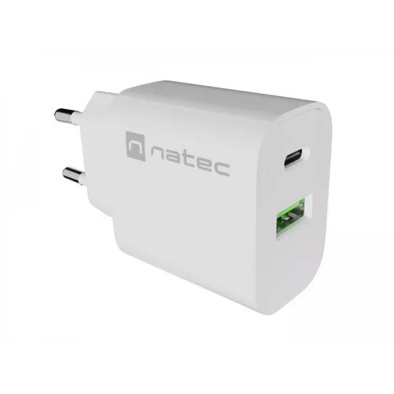 NATEC Ribera wandlader 1x USB-A + 1x USB-C 20W wit